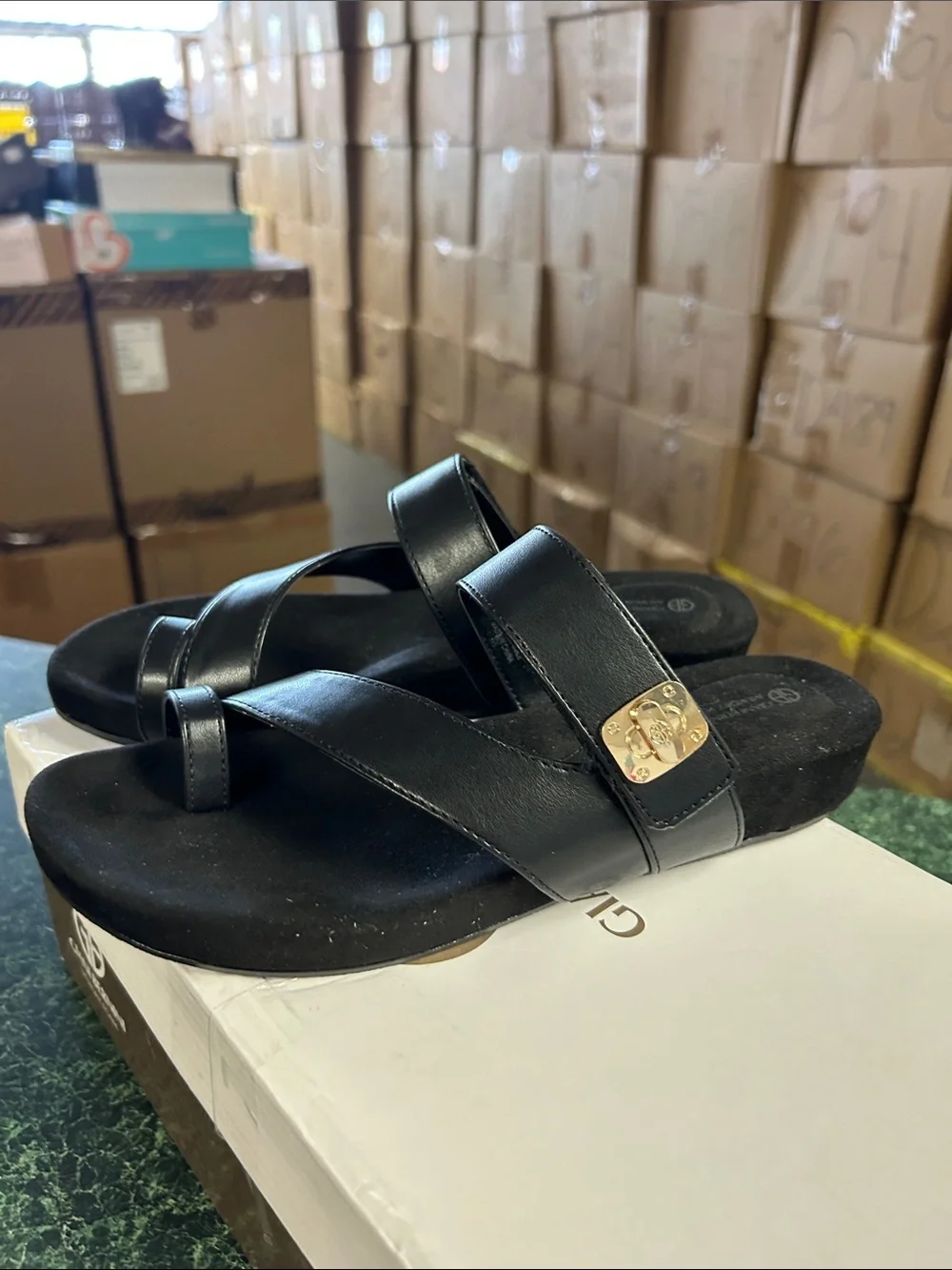 Giani Bernini Black Leather Crisscross Slide Sandals with Gold Accent